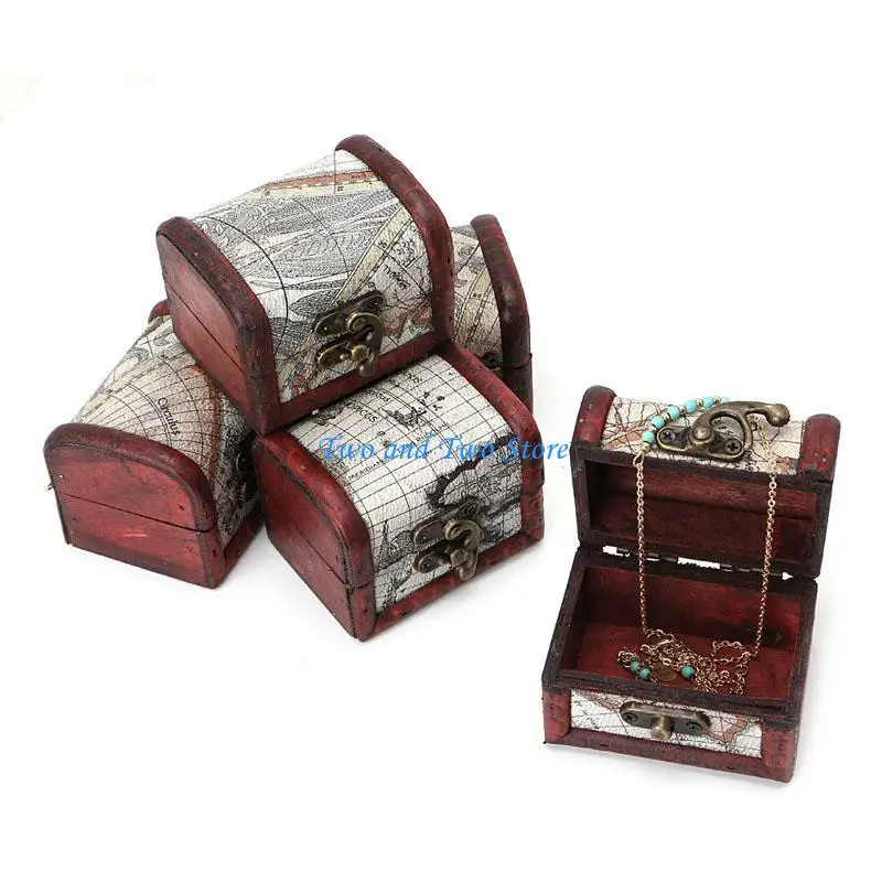 HX6F 1Pc Vintage Wooden Map Storage Box Metal Locking Jewelry Cufflinks Chest for Cas