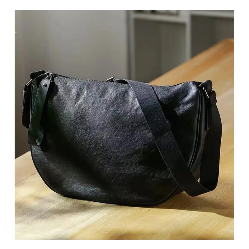 SENOFAN Messenger Shoulder Bag Man Half Moon Original Cowhide Leather Crossbody Bag Male Large Capacity Hobos Saddle Handbag