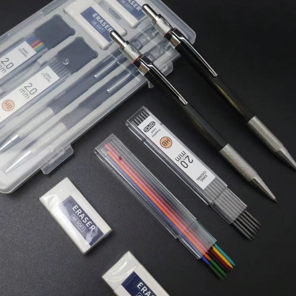 Professional drawing automatic pencil, metal activity pencil set, replacement core set, 2.0mm pencil lead, low center of gravity heavy touch professional automatic pencil, continuous core, dedicated for painting and ac