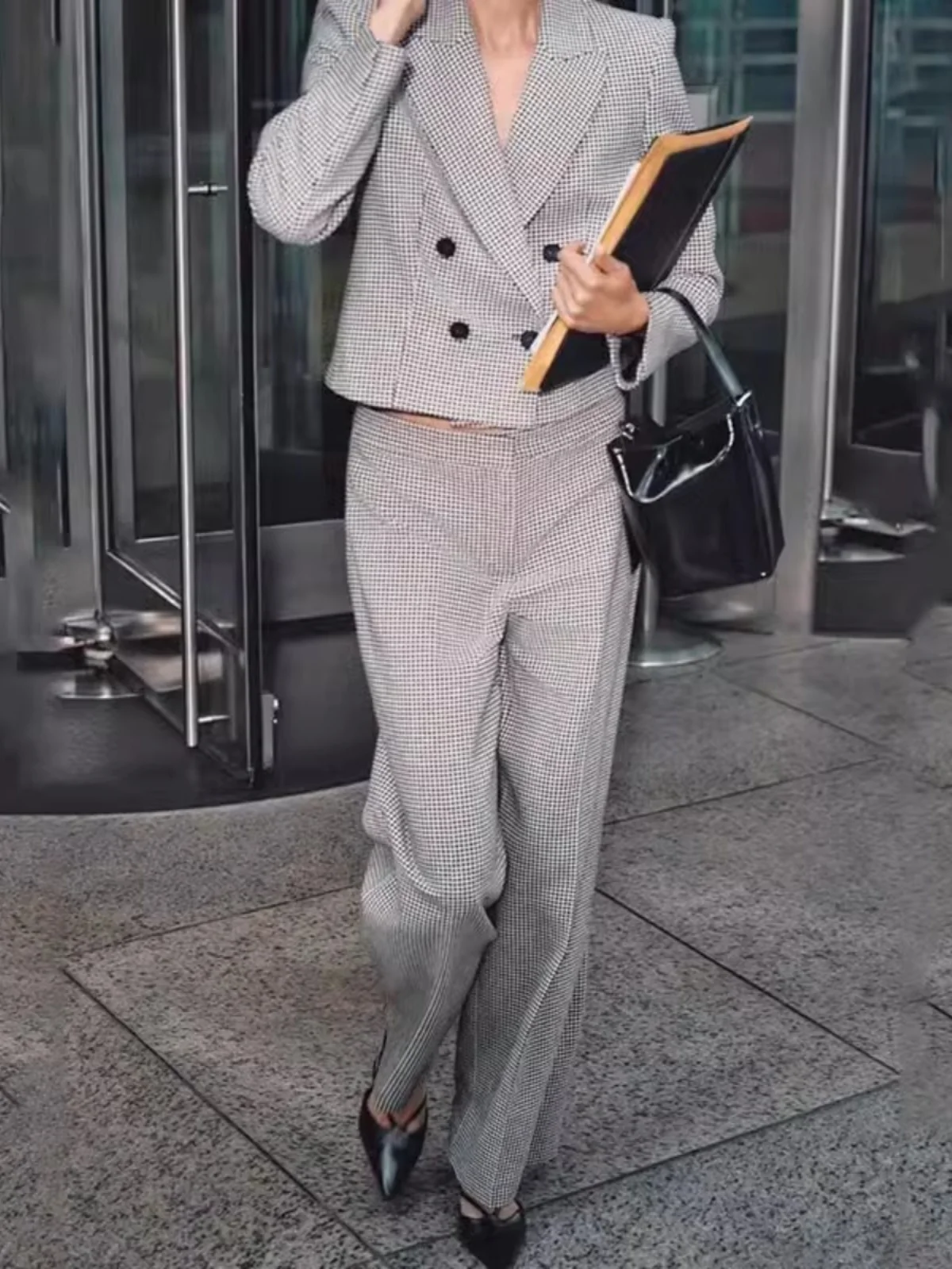

Chic Plaid ort Suit Jaet And Wide Leg Pants Women's Autumn Winter New Arrival Comfortable Fiber Commute Sle Long Sve