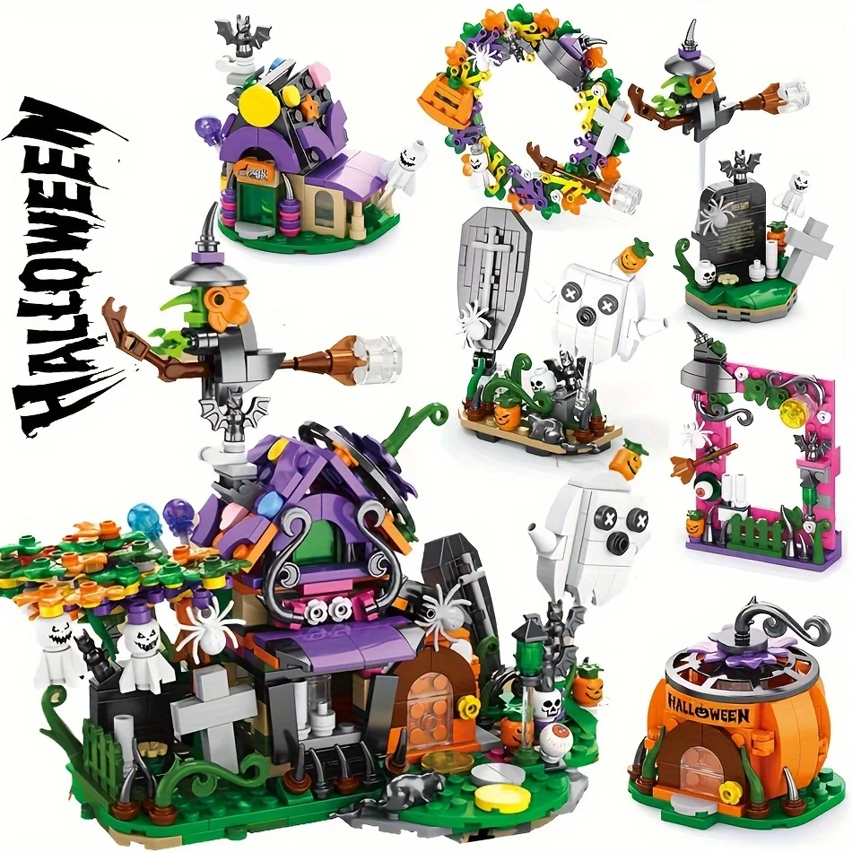 Halloween 6 In 1 Bouwsteen Set Snoep Pompoen Huis Spooktrein Model Bakstenen Desktop Collectie Diy Speelgoed Kinderen Kerstcadeaus