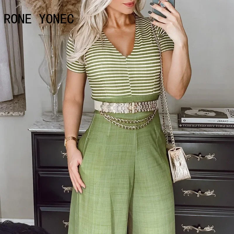 Women Elegant Chian Decoration Sashes Short Sleeves V Neck Stripe & Solod Patchwork  Straight Leg Casual Jumpsuit