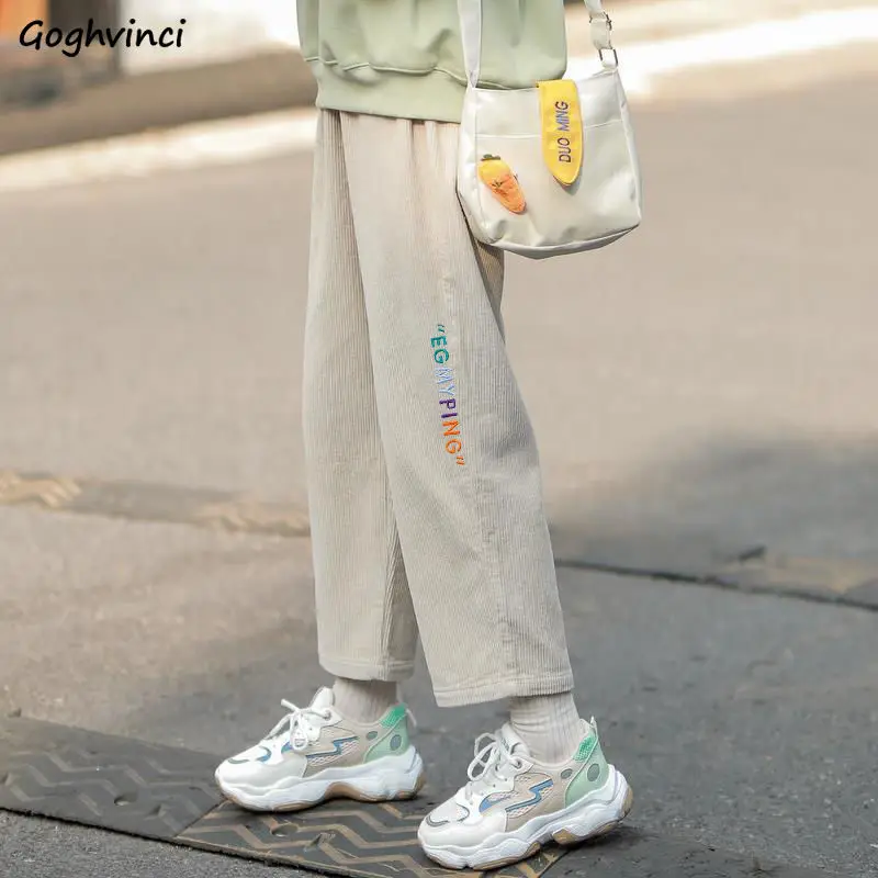 Corduroy Pants Women Casual Letter Loose All-match Ankle Length Trousers Students Simple Soft New-arrival Fashion Females Daily