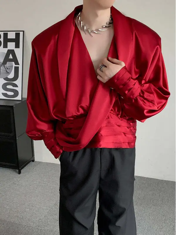 

TANGZ STUDIO Liquid Texture oulder Pad irt Men's Loose Lazy Open Cardigan Top V-ne Design Polyester Fiber