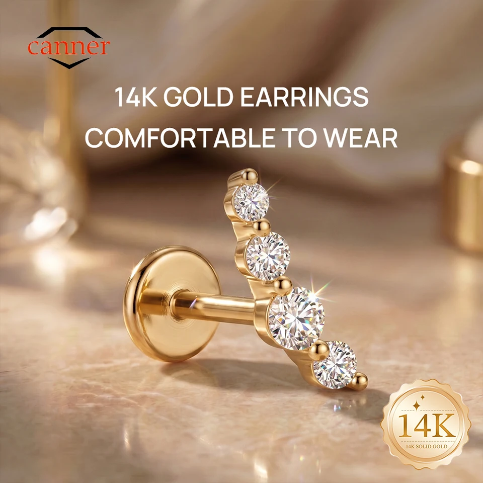 

CANNER 1PC 14K Solid Gold CZ Ear Climber G23 Titanium Piercing Flat Back Earring Helix Tragus Cartilage Hypoallergenic Jewelry