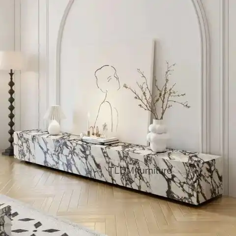 Designer Marble Pattern TV Stands French Living Room Furniture Modern Home Light Luxury Solid Wood Slate TV Cabinet with Drawers