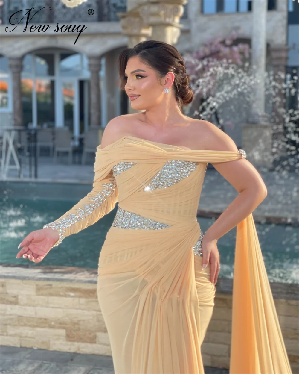 Gelb Chiffon Meerjungfrau Cocktailkleider Schulterfrei Frauen Abendkleid Robes De Soiree Perlen Party Abendkleider Maßgeschneidert