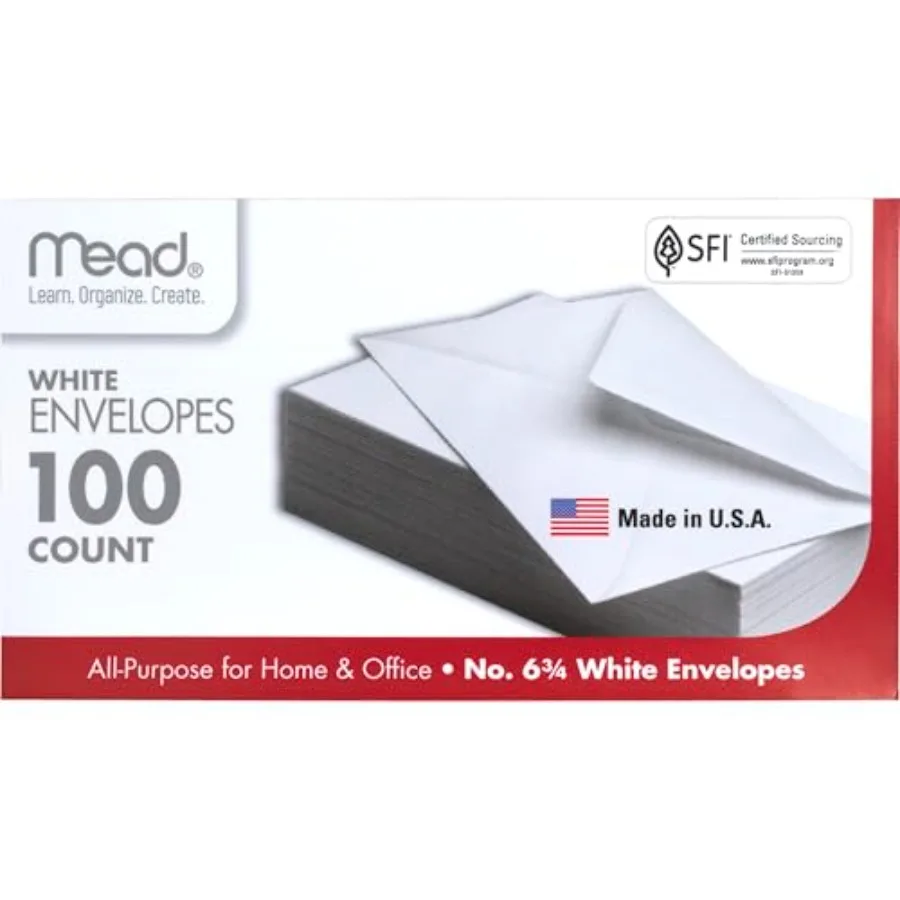 

100PK 6 White Envelope 75100,6 3/4 inch for mailing, premium paper, bright white, smooth finish