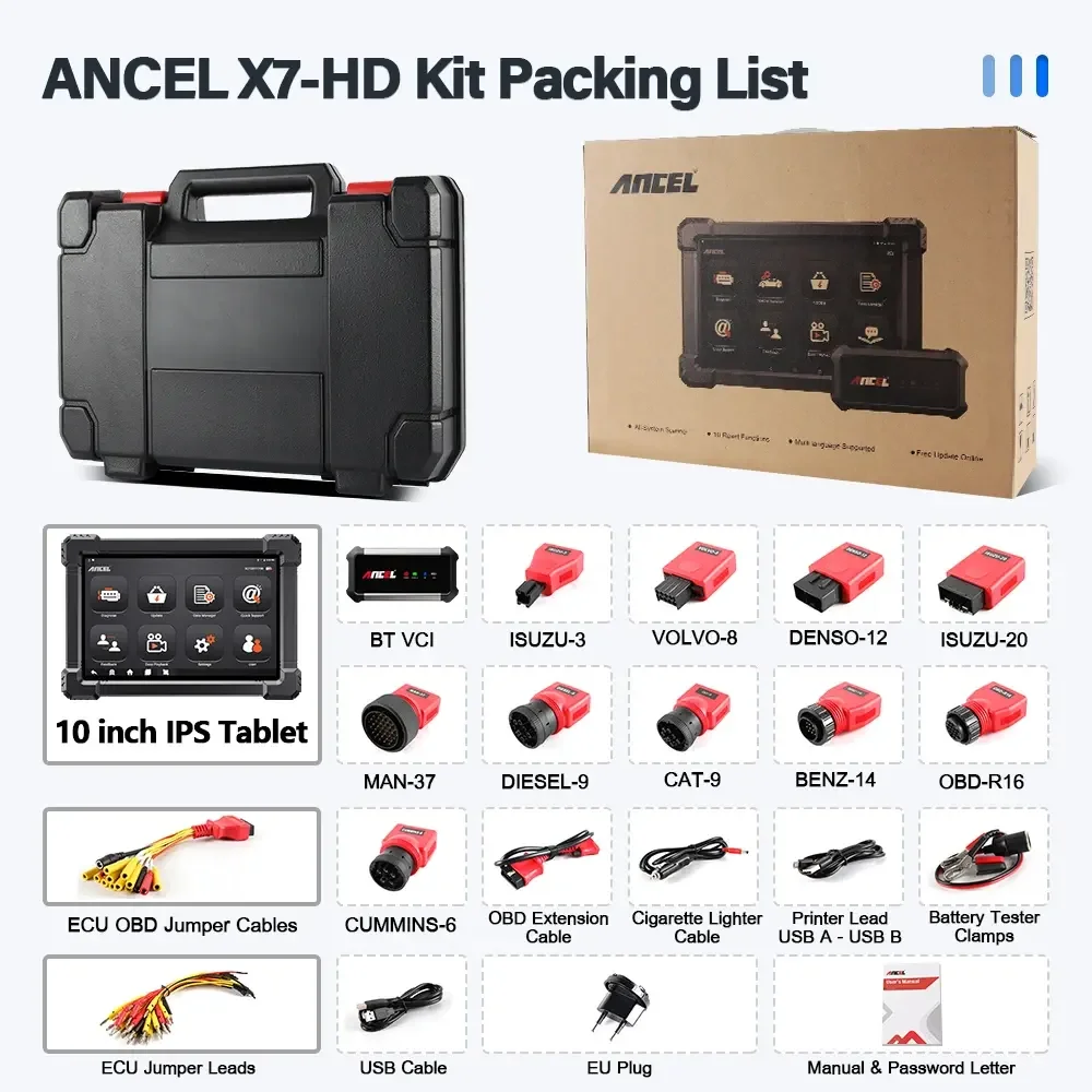 

ANCEL X7 HD Heavy Duty Truck Полная система диагностики Инструмент OBD2 Сканер Ноутбук для грузовика Грузовик Масло DPF Реген ECU Сброс батареи