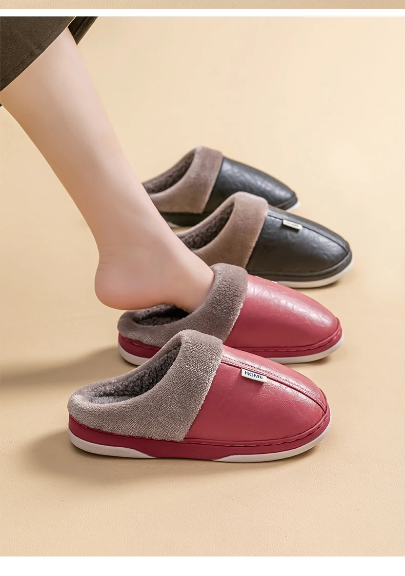 Herren Winter PU-Leder Wasserdichte Geschlossene Warme Hausschuhe, Slip-On mit Dickem Plüschfutter, Rutschfeste Weiche Sohle, Gemütliche Hausschuhe – Detail 17