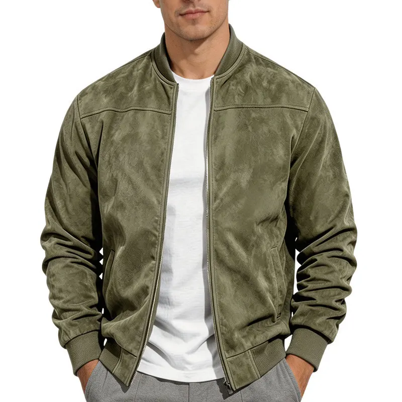 Herren-Bomberjacke aus Kunstwildleder mit Reißverschluss, Stehkragen, langen Ärmeln, lässige Oberbekleidung für Herbst und Winter. – Detail 5