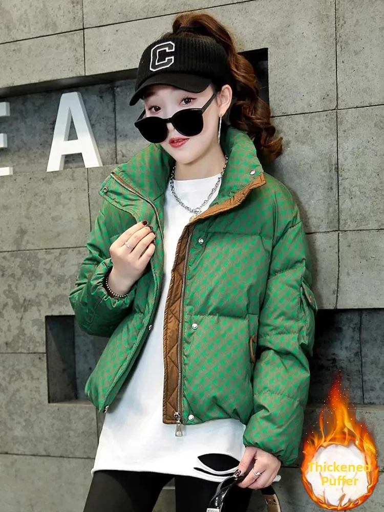 

Модная женская зимняя куртка в клетку из хлопка, новая свободная теплая короткая куртка в корейском стиле, утепленная, для повседневной носки