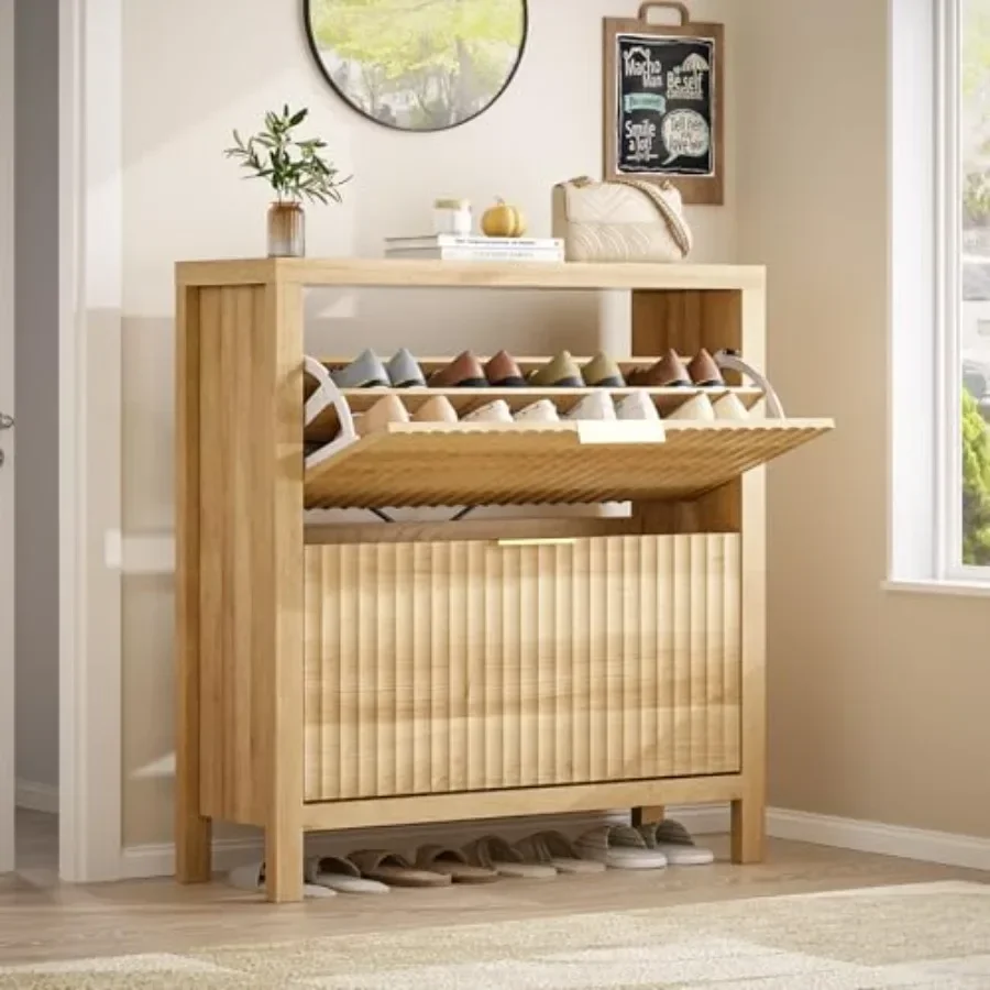 Fluted Shoe Cabinet Storage with 2 Flip Drawers for Entryway, Hallway MDF, White Space-Saving, Soft-Close Mechanism, Easy Assem