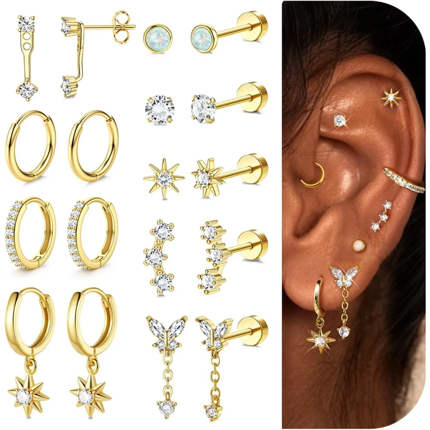 Florideco 1 Paar Ohrstecker für Damen, hypoallergen, flache Rückseite, baumelnder Ohrring, Knorpelohrring, Helix-Piercing-Schmuck