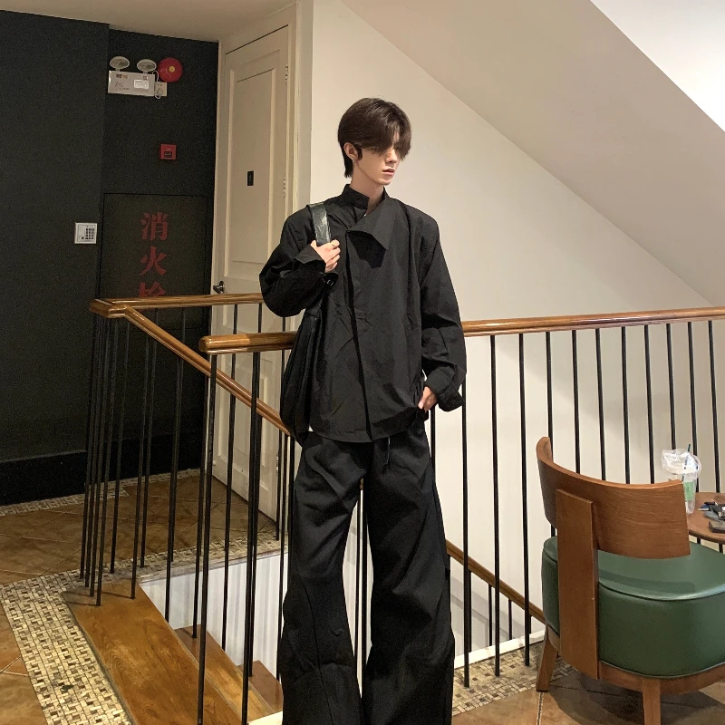 Men's 2025 Autumn New Chic Tops Loose Versatile Trendy Padded Shoulder Shirts Simple Design Irregular Collar Long Sleeve Shirts