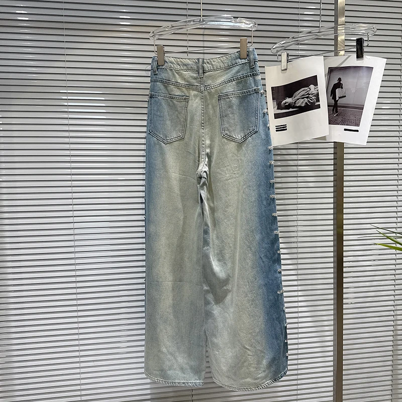 Spodnie damskie KBQ z efektem łączenia kolorów, zdobione diamentami, z wysokim stanem, o luźnym kroju, z gradientem, szerokie nogawki, styl jeansowy, modny styl damski.