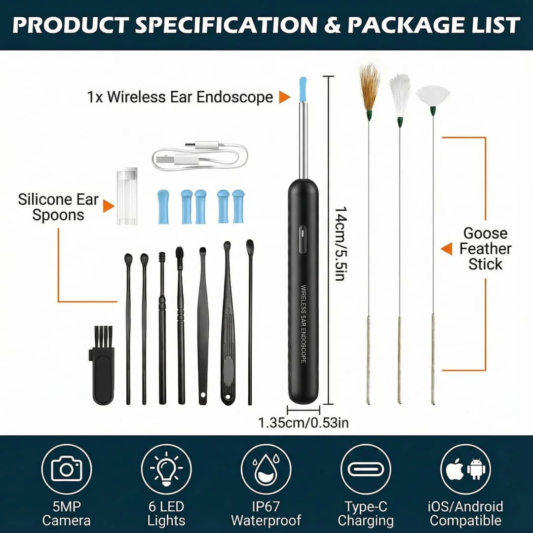 

Full Set Visual Earwax Remover, Ear Cleaning Tool with Camera Earwax Removal Tool with Goose Feather Stick and Ear Scoop