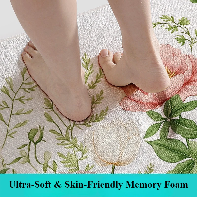 Contemporary Floral Bath Mat, Luxury Sponge Printed Rug, Cloud-Soft & Fade-Free, Quick Dry Anti-Slip, Modern Bathroom Decor
