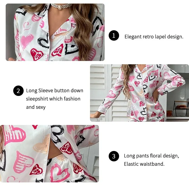 Women Spring Pajamas Heart Print Pajama Set Button Up Long Sleeve Top With Trousers Pijama Sets Women\'s Sleepwear Loungewear Pjs