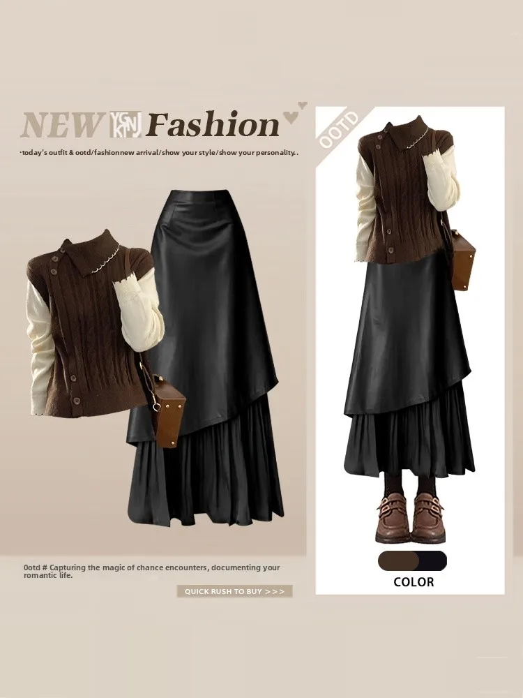 Retro Knitted High Waist Leather f Skirt Women's Winter Set Luxury Feel Casual Sle Long Sve Flip Collar Autumn Winter...
