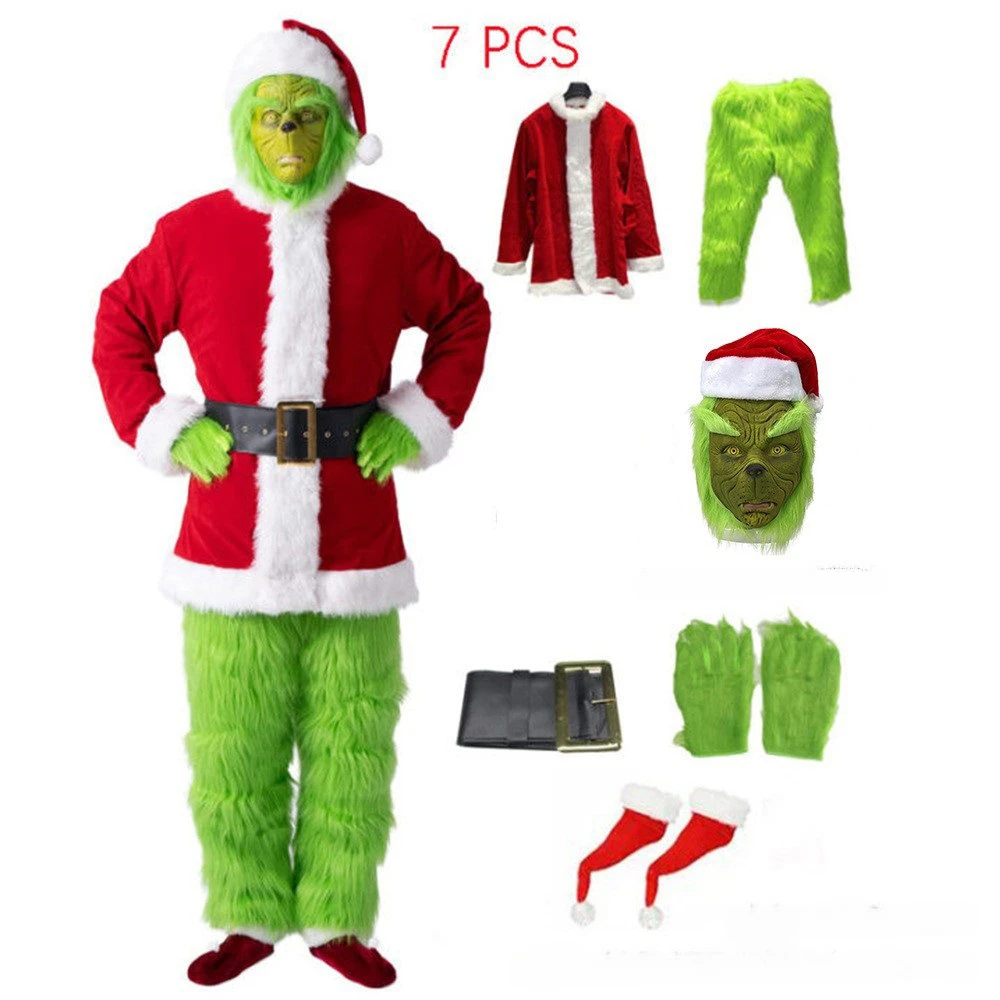 Kerstman Kostuum Set Kerstfeest Prom Volwassen Kostuum Rollenspel Halloween Kostuum Groen Shaggy Cosplay Pak Masker