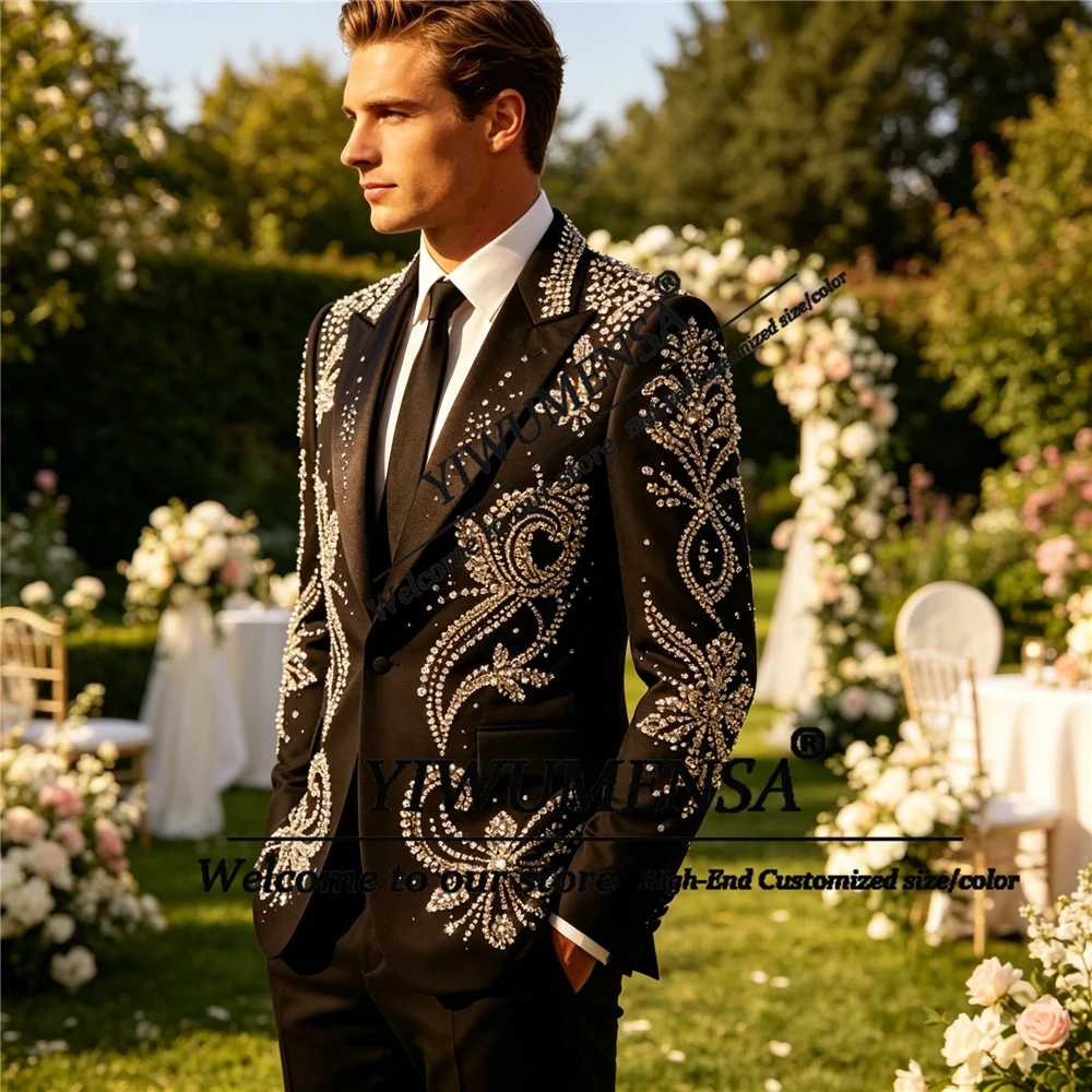 

Glitter Rhinestone Beaded Men Suit 2 Piece Sets Customized Diamond Groom Blazers Ropa hombre Fashion Slim Male Evening Tuxedos