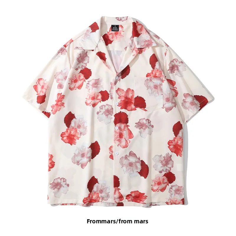 

Loose ort Sve irt from Vintage Oil Painting Flower Print Hong Kong Sle Lazy Casual Men's Summer irt