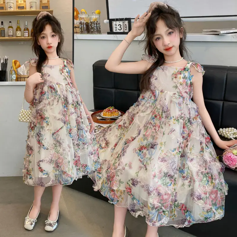 Girls Summer Dress 2024 New Fashionable Floral Lace Pleated Princess Dress for Older Childrens Birthday Party Dress