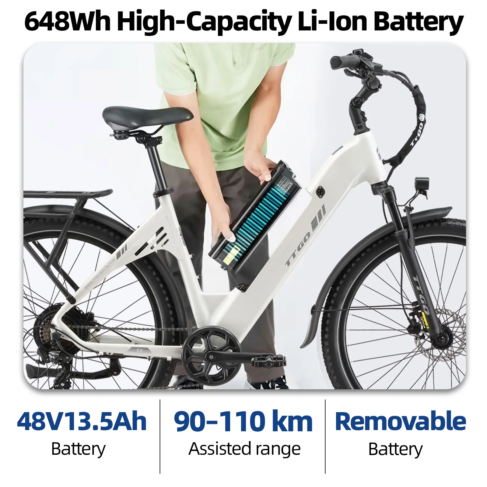 Bicicleta eléctrica Ttgo C5 48V 13.5Ah para adultos, con cuadro de aleación de aluminio, neumáticos de 27.5*2.4 pulgadas, 7 modos de asistencia, autonomía de 90-110 km, motor sin escobillas, batería de litio, frenos de disco, apta para todo tipo de terreno, nieve, arena, carretera y uso diario. Envío gratuito.