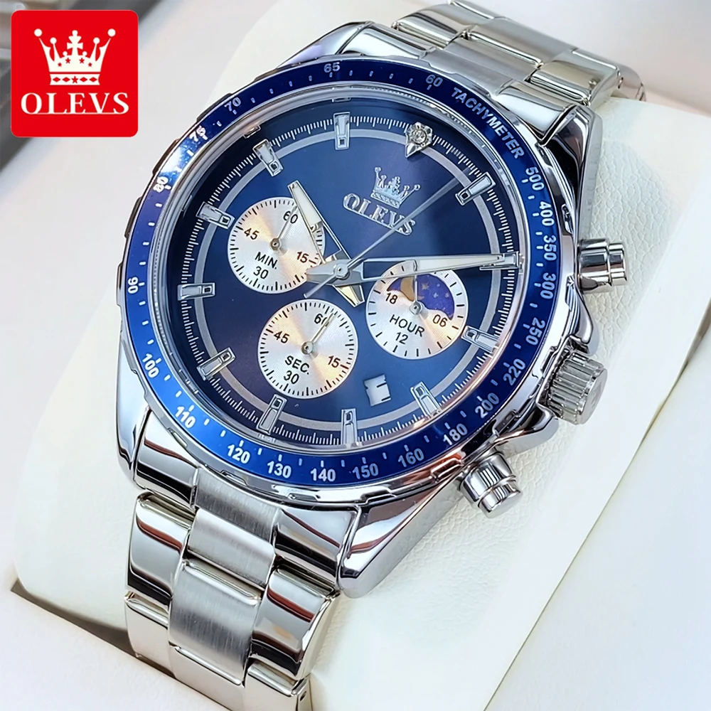 OLEVS أفضل العلامات التجارية ساعات رجالية رياضية موضة أصلية كوارتز ساعة اليد للرجل مقاوم للماء مضيئة مرحلة القمر كرونوغراف التاريخ