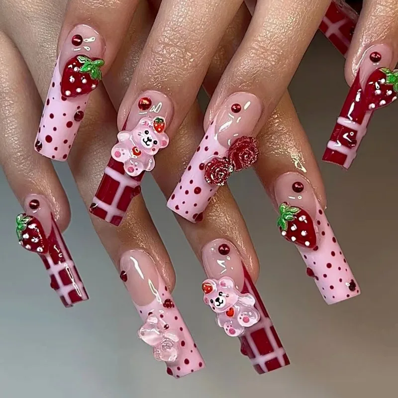 

24Pcs Extra Long Beautiful False Nails 3d Strawberry Cute Bear Rose Aesthetic Fake Nails Women Sweet Press on Nails with Glue