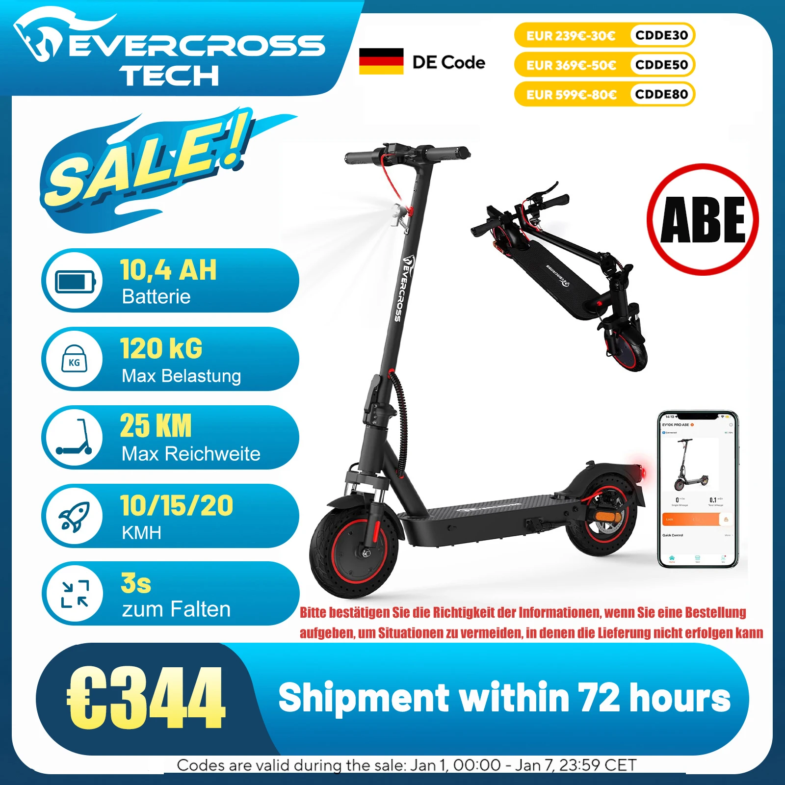 EVERCROSS TECH EV10K PRO Elektroroller Faltbar met App LED Display, 400W Motor, 10.4ah battery, ABE-Zulassung, 20 km/h