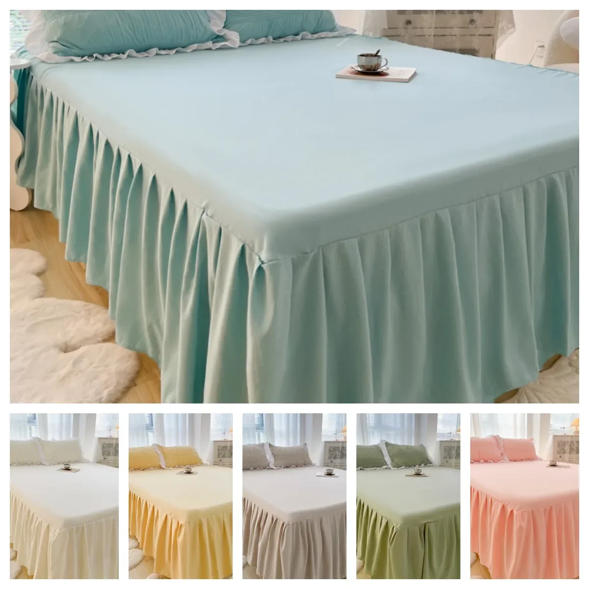 

1pc Solid Color Bed Skirt wtih Lace All Around All-seasons Bed Cover with Ruffles Queen/King roupa de cama(Without Pillowcase)