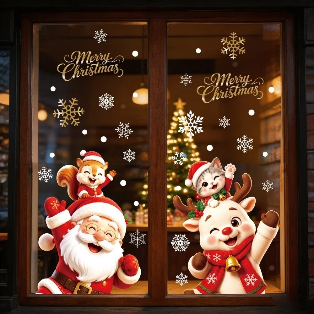 2 Blatt Weihnachts-Fensteraufkleber mit Weihnachtsmann, Hirsch und Schneeflocke, statische Fensteraufkleber, niedliche Designs, selbstklebend
