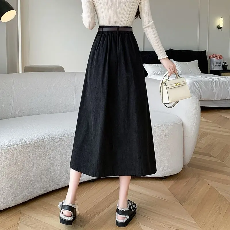 Herbst Winter Vintage Cord Midi Rock Mit Gürtel Elegante Mode Lässig Große Schaukel A-Line Lange Röcke Dame