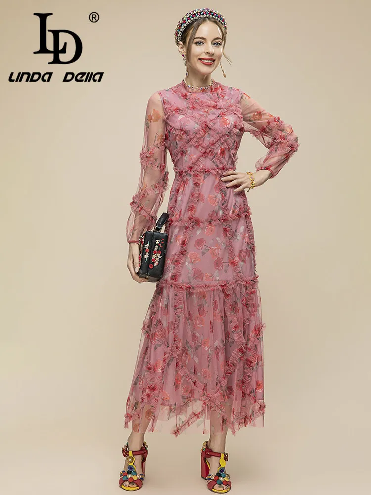 LD LINDA DELLA 2023 Designer New Summer Dress Fashion Women's Lantern sleeve Floral print Mesh Holiday Party Elegant Long Dress