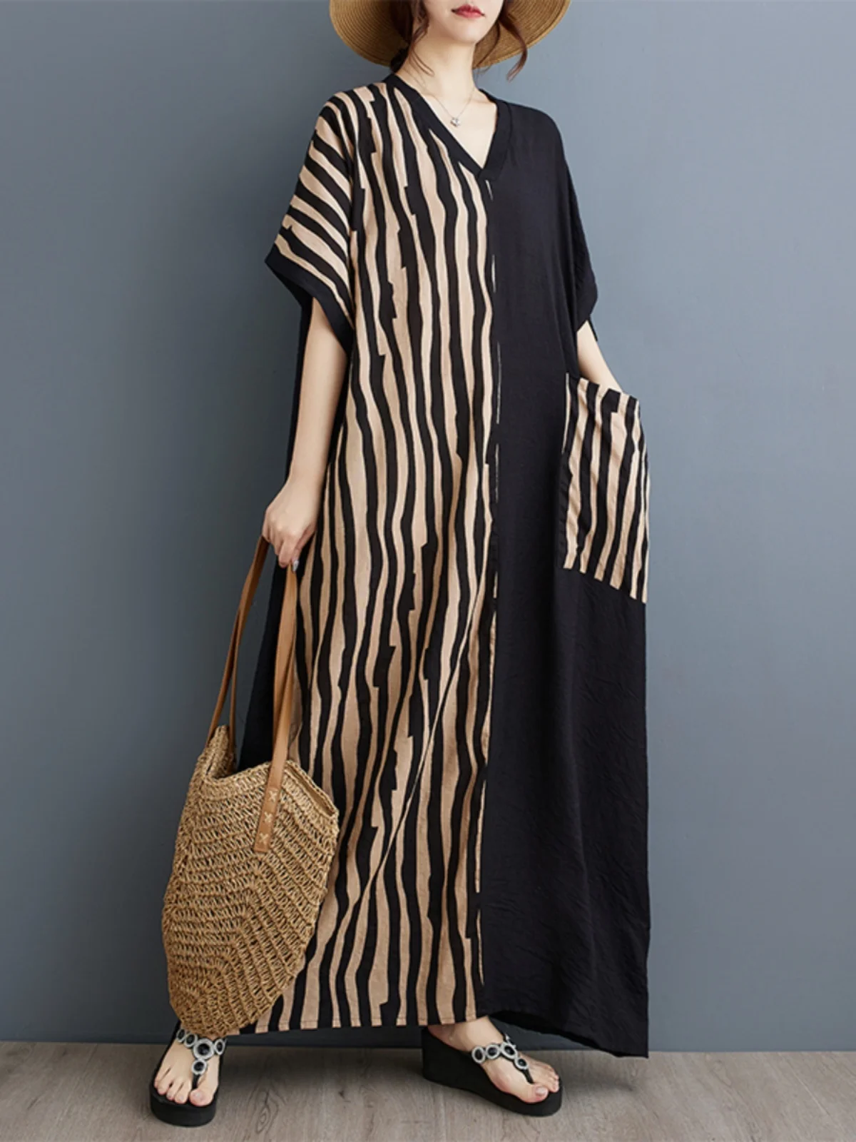 Long V-Neck Short Sleeve Printed Slimming Cotton Linen Dress Color Block Casual Loose Fit Summer Fashion plus Size Women