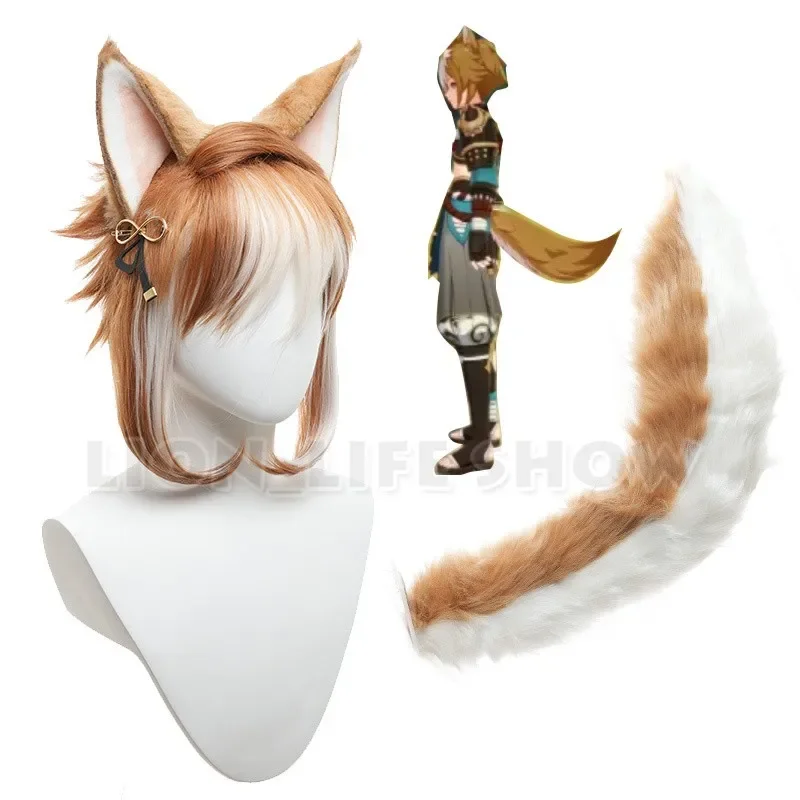 Genshin Impact Fox Ears Tail para Menino, Gorou Render Cosplay, Perucas Headwear, Plush Ear Tail Set, Acessórios de Traje para Menino