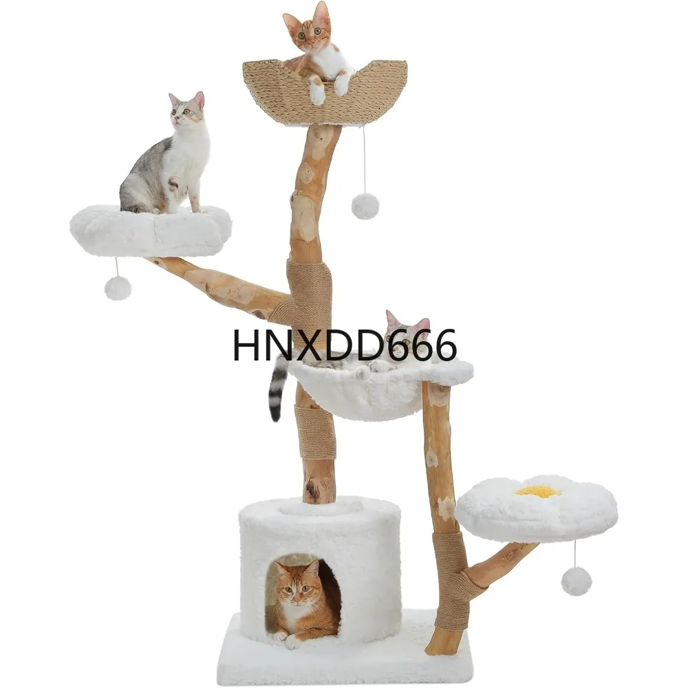 

Cat Tree for Indoor Cats Large Adults, 59 Inches Modern Cat Tower with Large Basket and Hammock, Natural Solid Wood, Luxury Con