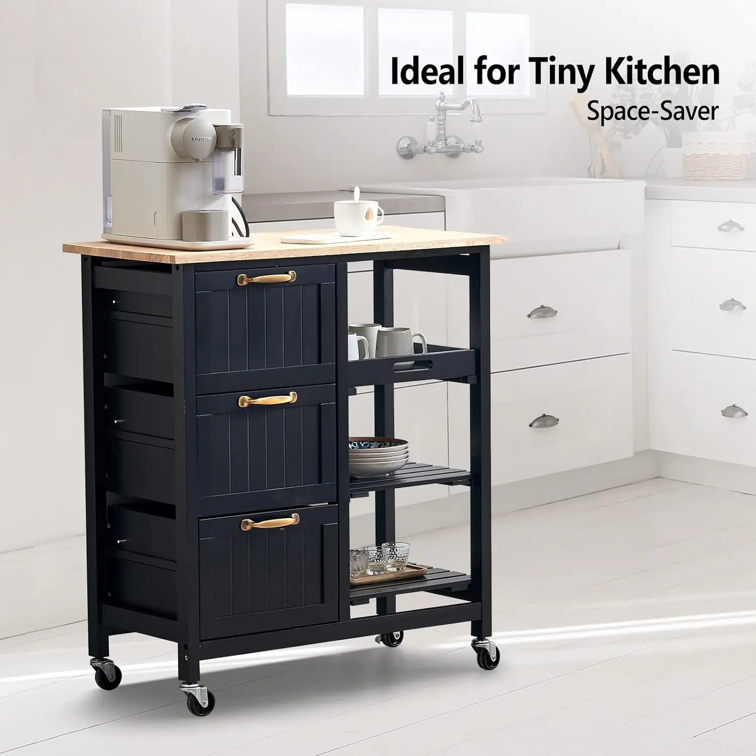 Kitchen Island Cart with 3 Drawers 2 Tier Holders 1 Removable Tray Black Rolling Kitchen Storage Home Serving Bar Cart Sm