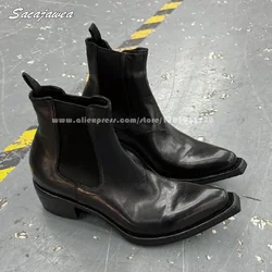 Leathe Front Lace Up Chuny Heel Ankle Boots Square Toe Platform Casual Boots Size 35-44 Black Punk Style Elastic Boots
