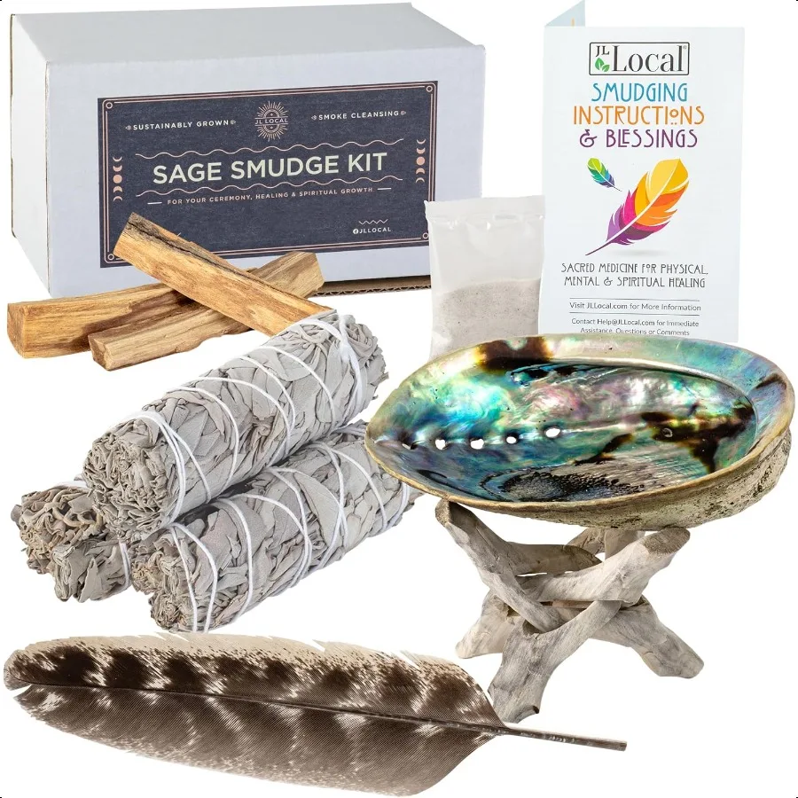 

White Sage and Palo Santo Smudge Kit Smudging Kit with Sage Smudge Sticks ~ Palo Santo ~ White Sand ~ Abalone Shell ~ Stand ~ S