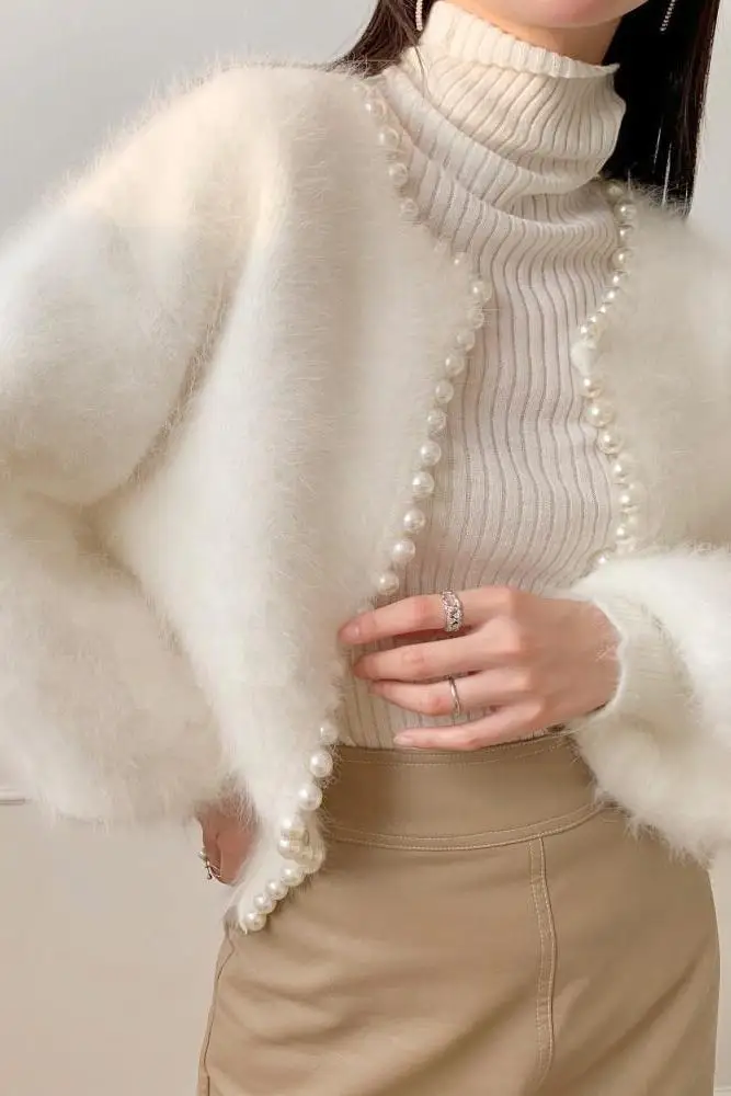 

​​Plush Pearl Knit Cardigan Sweater Women Thickened Balloon Sleeve Luxe Faux Texture Ethereal Whimsical Outerwear Cozy Warm​​