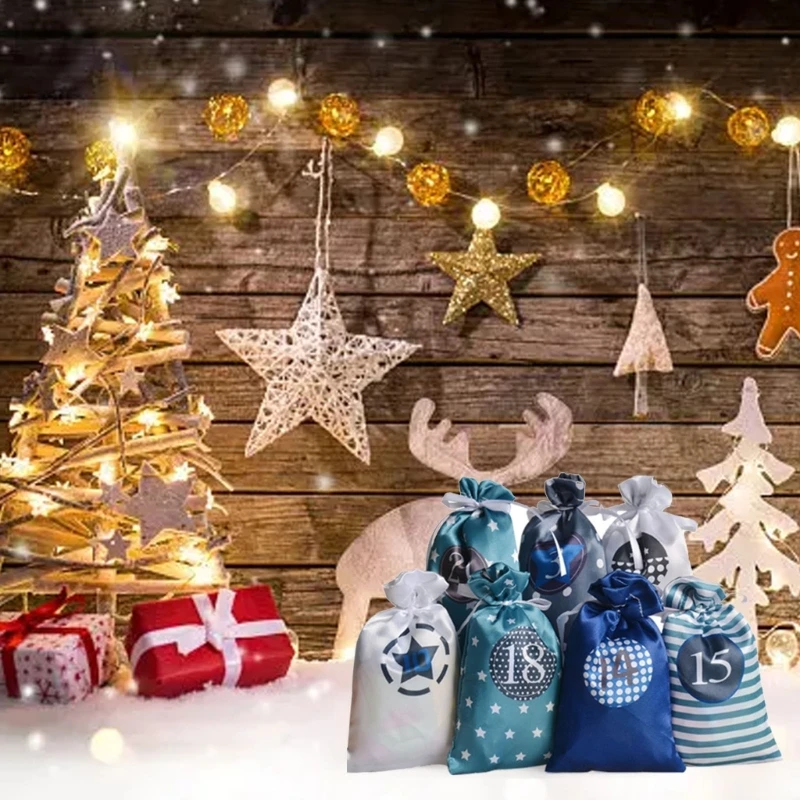 24pcs Christmas Advent Calendar Bags Reusable Clips Rope Drawstring Advent Calendar for Filling Party Favor Suppl