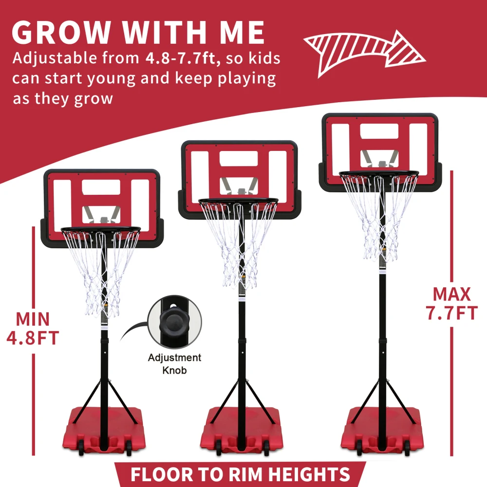 Use for Outdoor Height Adjustable 4.8to7.7ft  Hoop 44 Inch Backboard Portable Basketball Goal System with Stable Base and Wheels