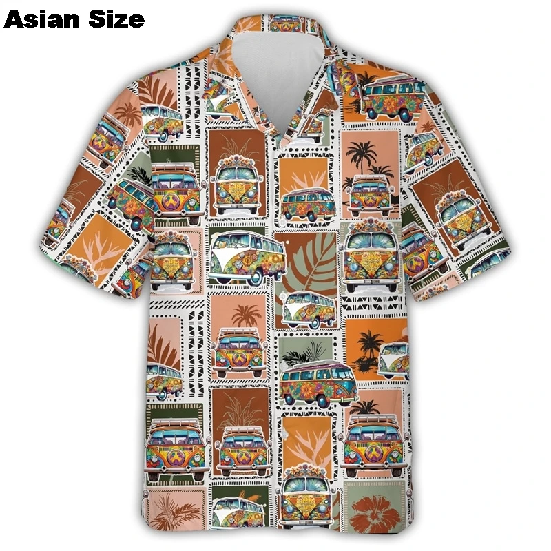 남성용 다채로운 히피 버스 자동차, 부드럽고 통기성 있는 가슴 포켓, 캐주얼 하와이안 셔츠, 단추 상의, 평화와 사랑 프린트, 여름