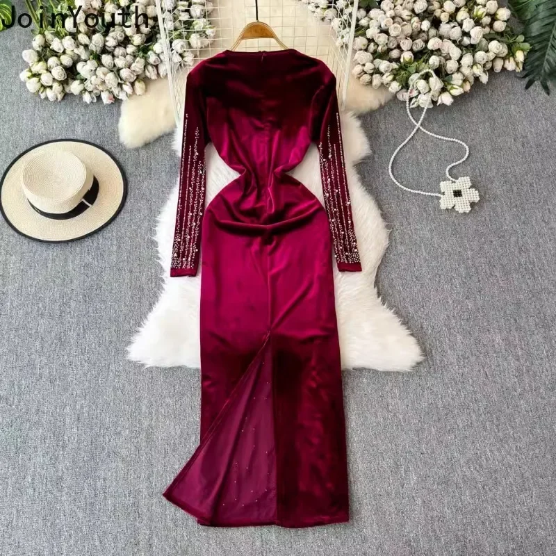 Bodycon Party Dress Women\'s Clothing 2024 Temperament Robe Femme Vestidos De Mujer Fashion Diamond Split Velvet Maxi Dresses