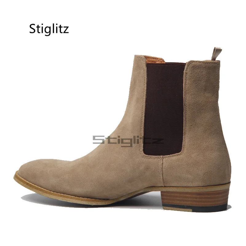 

Frosted Leather Ankle Boots Men High Top Slip On Stretch Boots Retro Fashion Mens Low Heels Casual Chelsea Boots Male Shoes