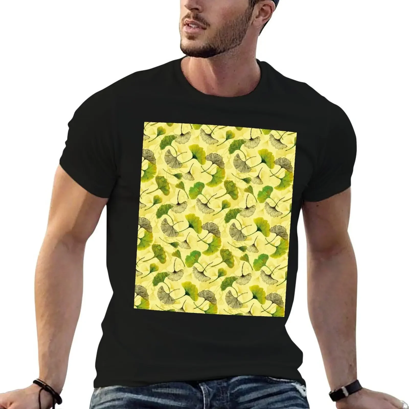 

Yellow Watercolor Ginkgo Biloba Leaves Pattern T-Shirt blanks basketball graphic tees T-shirt men