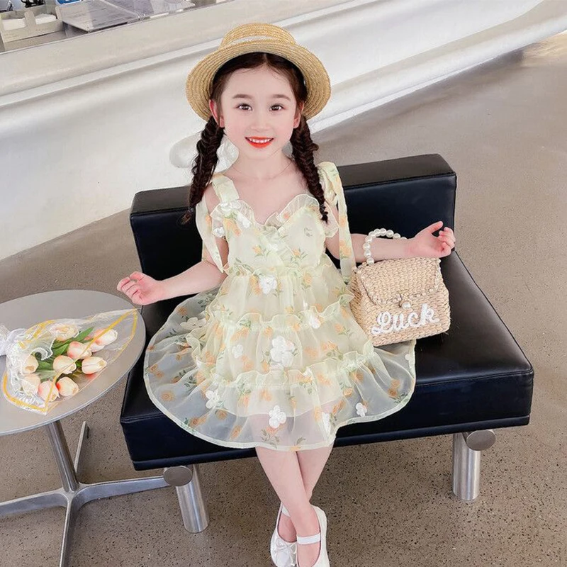 

Summer Party Dress for Kids Girl Fashion 2023 New Children's Floral Princess Suspenders One Shoulder Dresses 2 To 8 Years Old